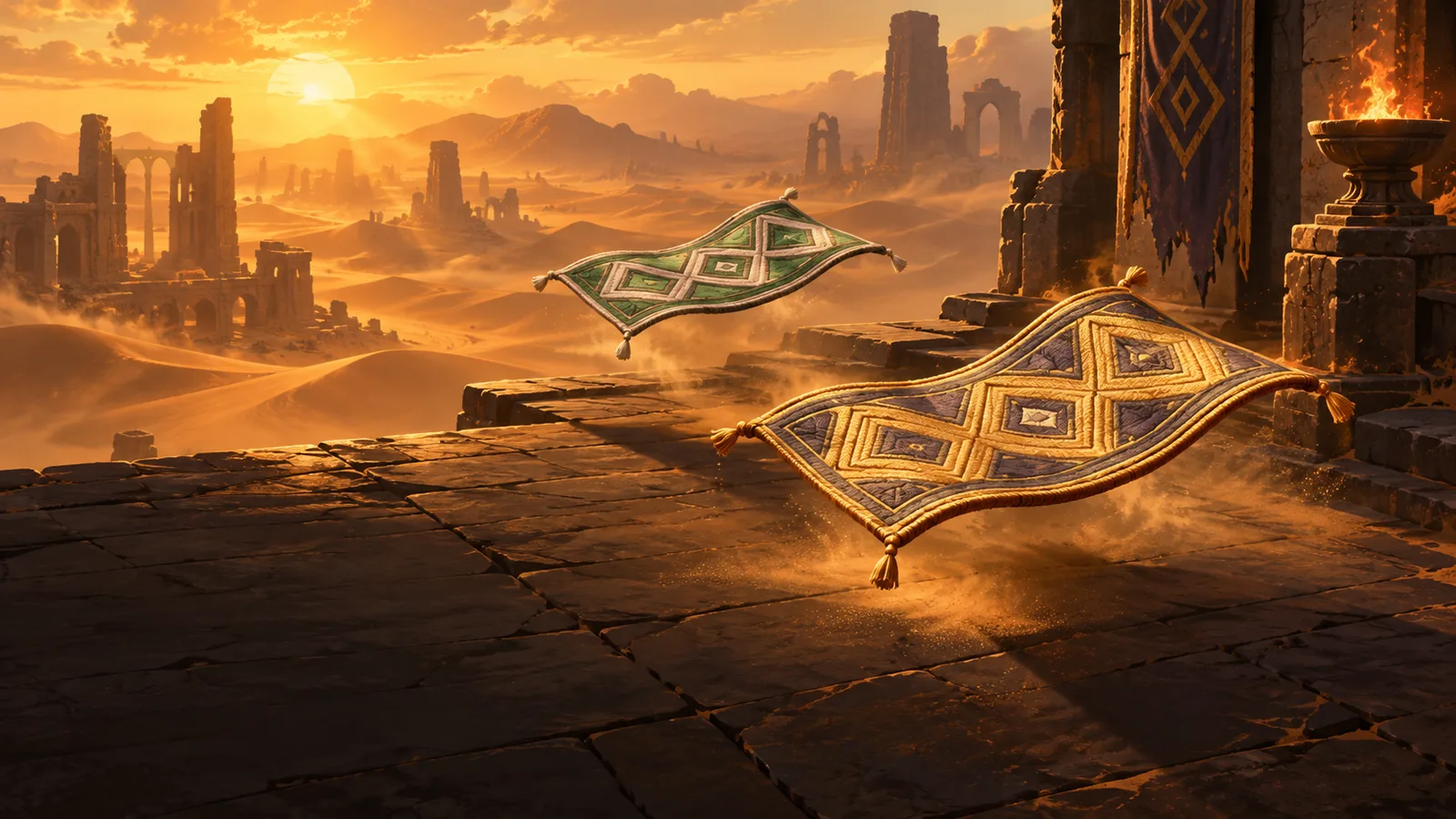 Gold and green patterned magic carpets hovering above a desert terrace at sunset.