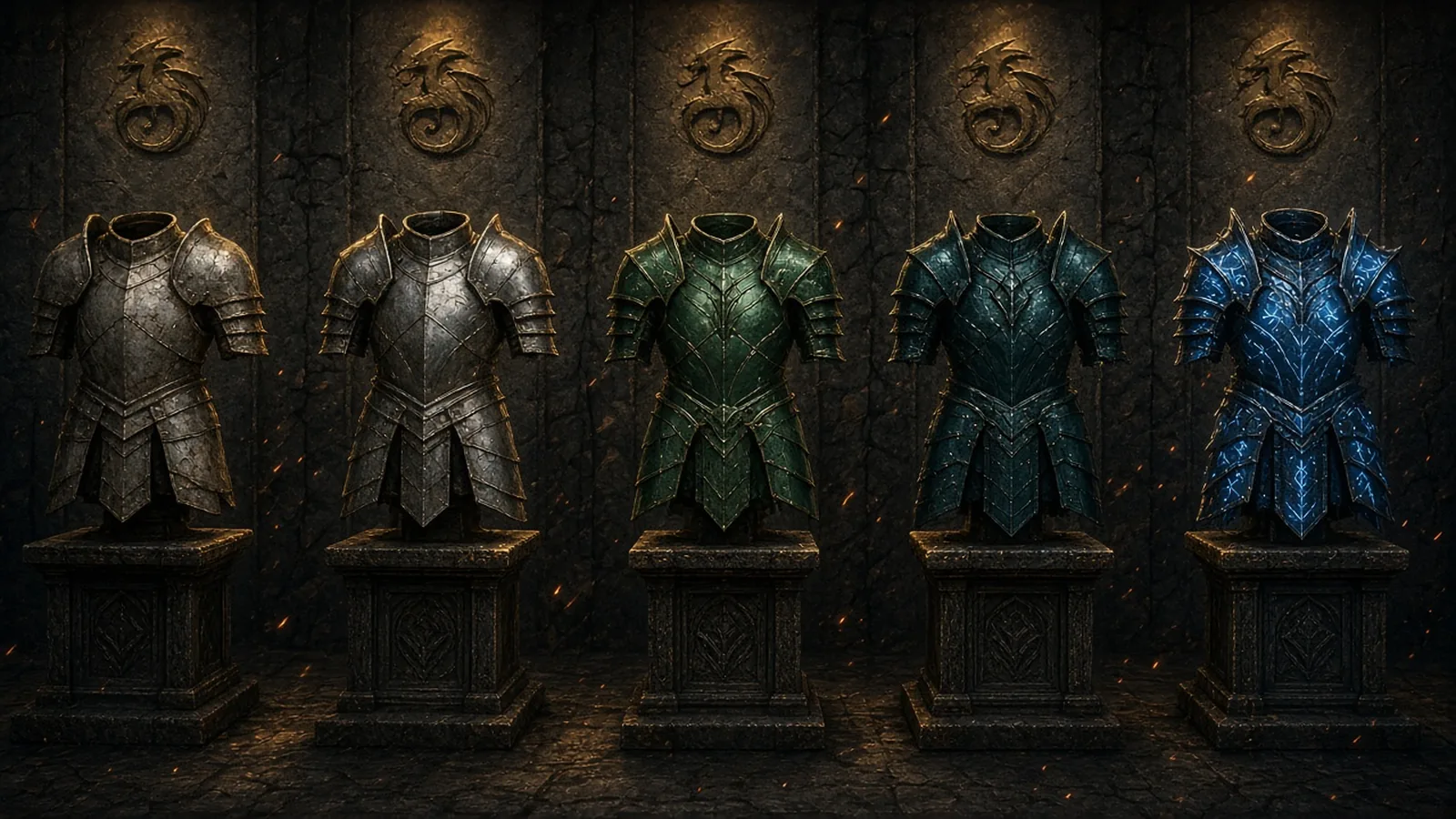 Five platebodies on stands from iron to rune
