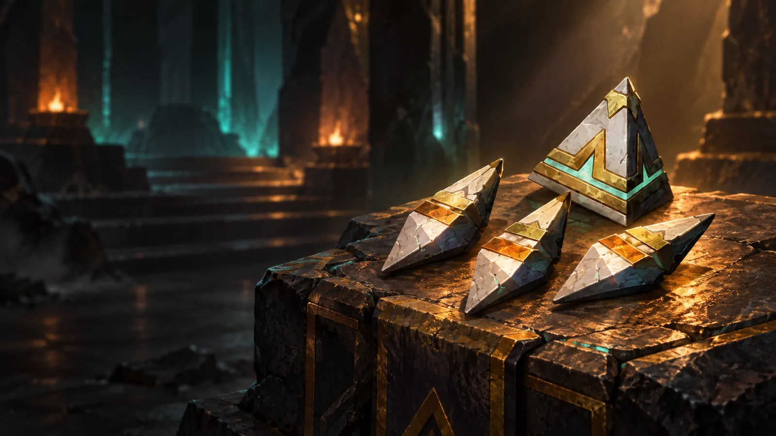Three ivory-and-gold Vault Shards and a triangular Vault Core displayed on a stone plinth.
